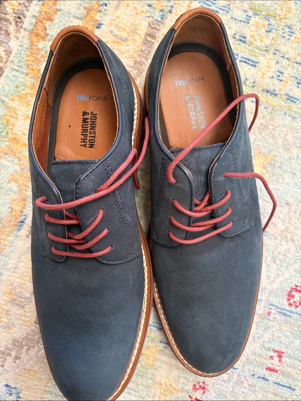 Men’s Johnston & Murphy Navy Leather Derby Shoes with Red or blue shoelaces